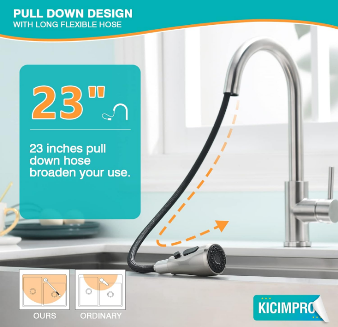 Kitchen Faucet with Pull Down Sprayer Brushed Nickel, High Arc Single Handle Sink Faucet with Water Lines, Commercial Modern rv Stainless Steel, Grifos De Cocina