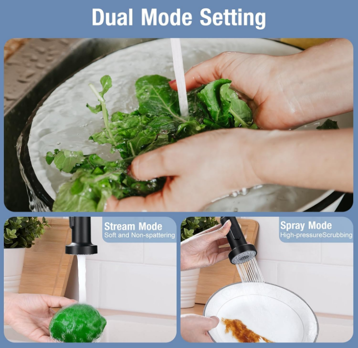 Kitchen Faucets with Pull Down Sprayer Matte Black -【Dual Mode Setting】Single Handle 1 or 3 Holes Commercial Spring Kitchen Sink Faucet with Deck Plate for Farmhouse RV Vessel Basin