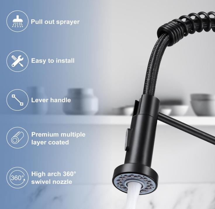 Kitchen Faucets with Pull Down Sprayer Matte Black -【Dual Mode Setting】Single Handle 1 or 3 Holes Commercial Spring Kitchen Sink Faucet with Deck Plate for Farmhouse RV Vessel Basin