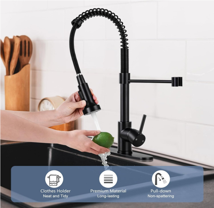 Kitchen Faucets with Pull Down Sprayer Matte Black -【Dual Mode Setting】Single Handle 1 or 3 Holes Commercial Spring Kitchen Sink Faucet with Deck Plate for Farmhouse RV Vessel Basin