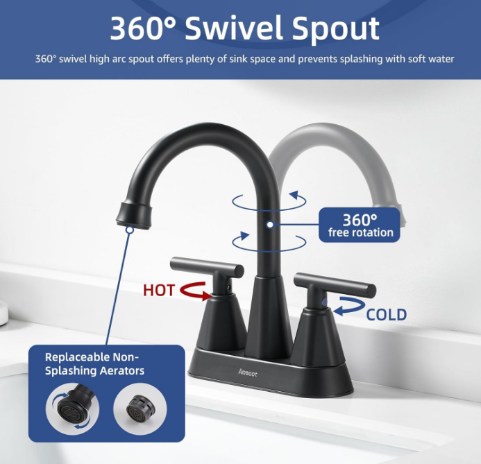 Sink Faucet, Matte Black 4 Inch Bathroom Faucets for Sink 3 Hole with Pop Up Drain and Water Supply Lines, 360 Swivel Spout 2 Handle Faucet for Bathroom Sink