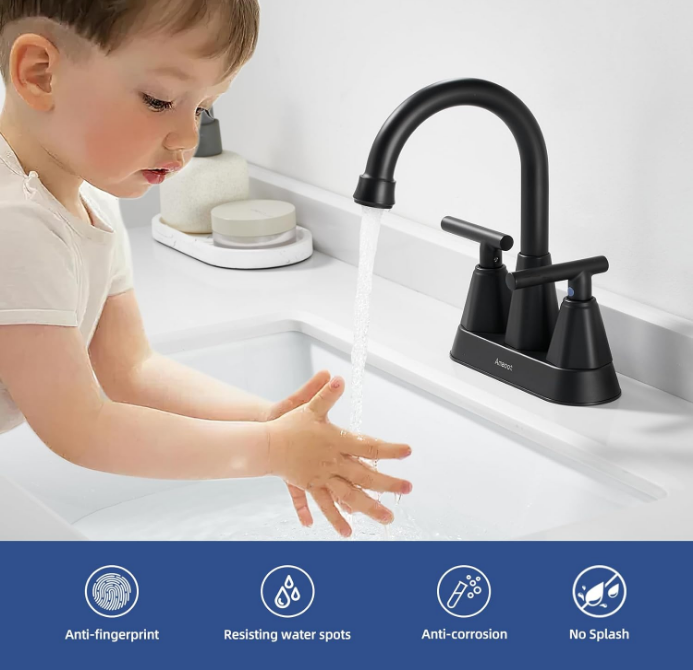 Sink Faucet, Matte Black 4 Inch Bathroom Faucets for Sink 3 Hole with Pop Up Drain and Water Supply Lines, 360 Swivel Spout 2 Handle Faucet for Bathroom Sink