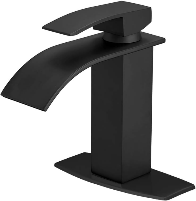 Black Waterfall Spout Bathroom Faucet, Single Hole 1 Hole 3 Holes Single Handle Bathroom Sink Faucet, Rv Vanity Faucet with 6 Inch Deck Plate, cUPC Waterlines, Matte Black