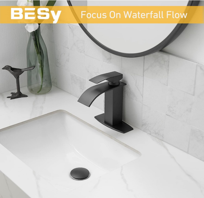 Black Waterfall Spout Bathroom Faucet, Single Hole 1 Hole 3 Holes Single Handle Bathroom Sink Faucet, Rv Vanity Faucet with 6 Inch Deck Plate, cUPC Waterlines, Matte Black