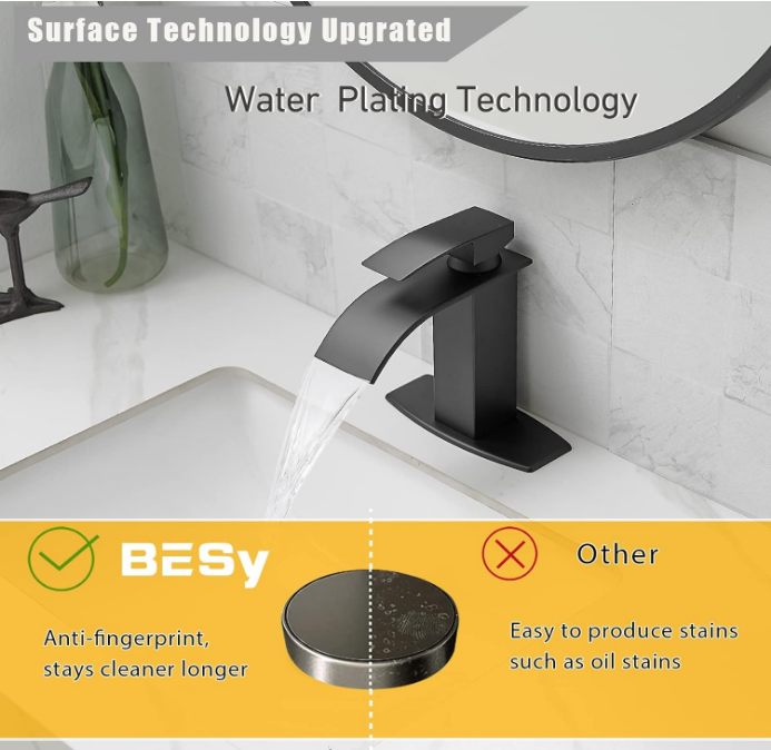 Black Waterfall Spout Bathroom Faucet, Single Hole 1 Hole 3 Holes Single Handle Bathroom Sink Faucet, Rv Vanity Faucet with 6 Inch Deck Plate, cUPC Waterlines, Matte Black