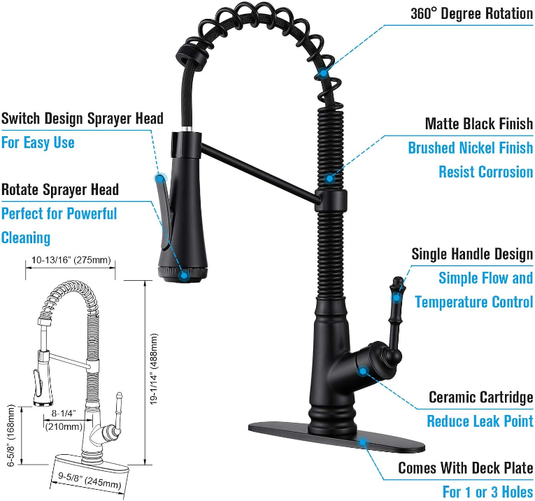 Level Kitchen Sink Faucet with Pull Down Sprayer, Single Handle Pull Out Kitchen Faucet, Matte Black