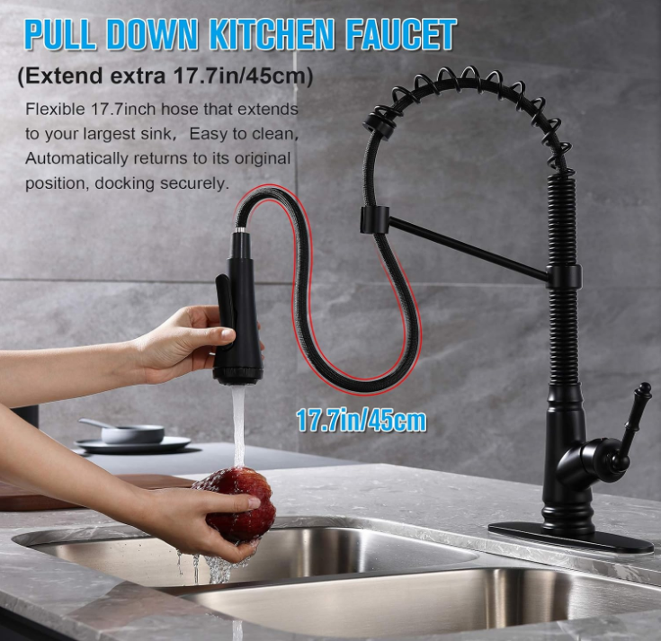 Level Kitchen Sink Faucet with Pull Down Sprayer, Single Handle Pull Out Kitchen Faucet, Matte Black