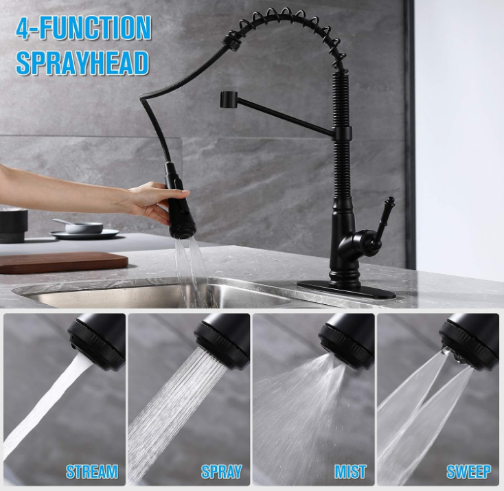 Level Kitchen Sink Faucet with Pull Down Sprayer, Single Handle Pull Out Kitchen Faucet, Matte Black
