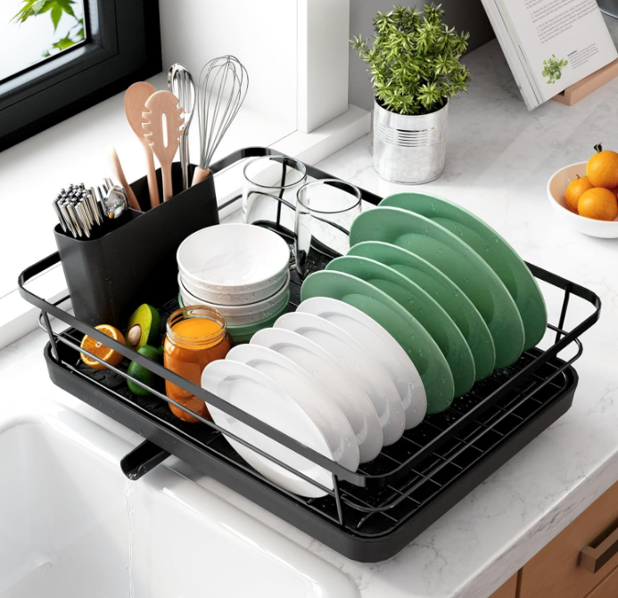 Dish Drying Rack- Space-Saving Dish Rack, Dish Racks for Kitchen Counter, Stainless Steel Kitchen Drying Rack with a Cutlery Holder,12''W x 15''L, Black
