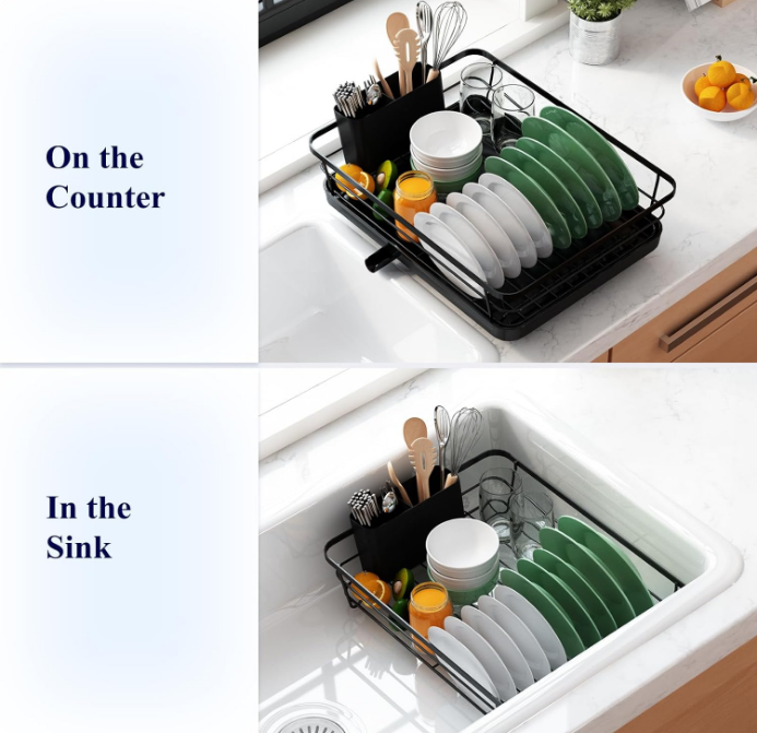 Dish Drying Rack- Space-Saving Dish Rack, Dish Racks for Kitchen Counter, Stainless Steel Kitchen Drying Rack with a Cutlery Holder,12''W x 15''L, Black