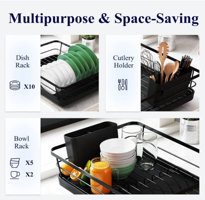 Dish Drying Rack- Space-Saving Dish Rack, Dish Racks for Kitchen Counter, Stainless Steel Kitchen Drying Rack with a Cutlery Holder,12''W x 15''L, Black