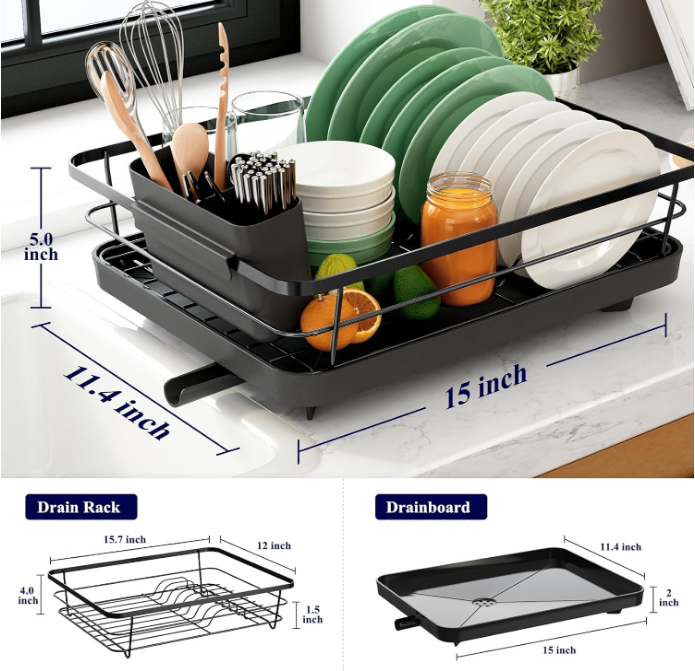 Dish Drying Rack- Space-Saving Dish Rack, Dish Racks for Kitchen Counter, Stainless Steel Kitchen Drying Rack with a Cutlery Holder,12''W x 15''L, Black