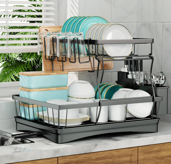Large Dish Drying Rack for Kitchen Counter, Detachable Large Capacity Dish Drainer Organizer with Utensil Holder, 2-Tier Dish Drying Rack with Drain Board, Black