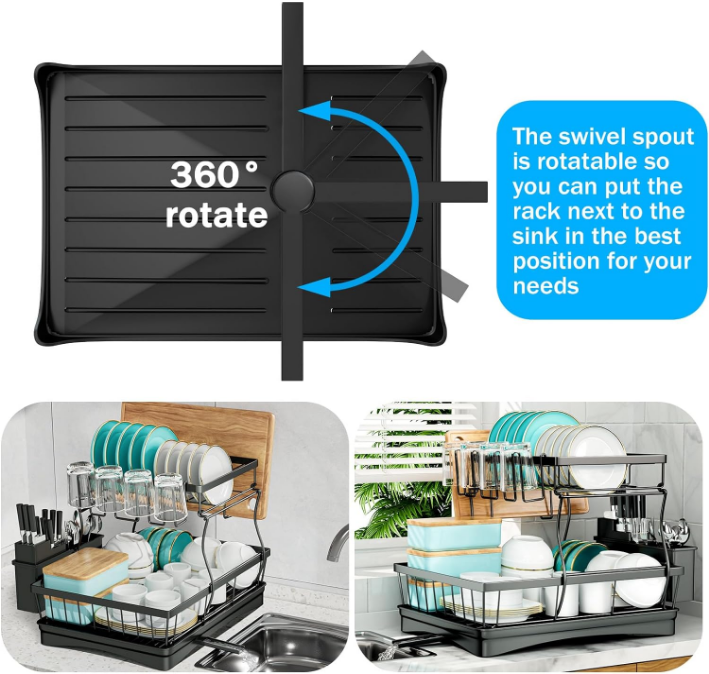 Large Dish Drying Rack for Kitchen Counter, Detachable Large Capacity Dish Drainer Organizer with Utensil Holder, 2-Tier Dish Drying Rack with Drain Board, Black