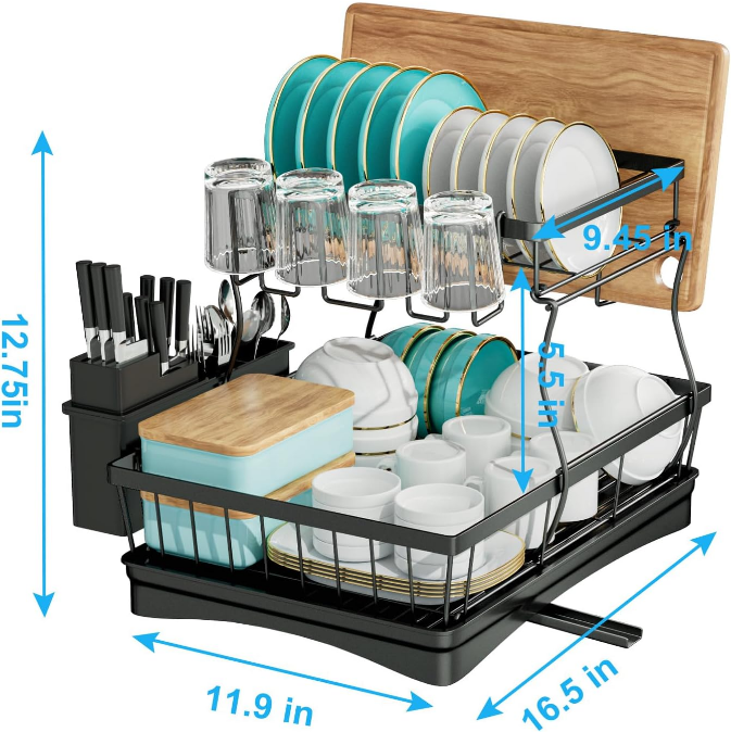 Large Dish Drying Rack for Kitchen Counter, Detachable Large Capacity Dish Drainer Organizer with Utensil Holder, 2-Tier Dish Drying Rack with Drain Board, Black