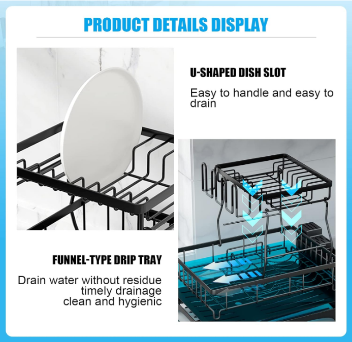 Large Dish Drying Rack for Kitchen Counter, Detachable Large Capacity Dish Drainer Organizer with Utensil Holder, 2-Tier Dish Drying Rack with Drain Board, Black