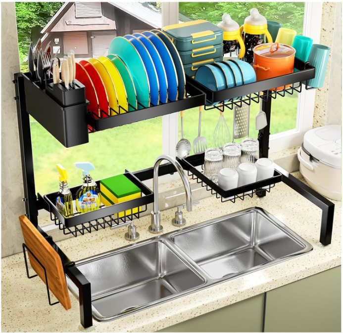4 Baskets Over The Sink Dish Drying Rack, Extendable Large Capacity Sink Rack, Metal Drying Rack Saving Space,for Most Sinks (24.8 "-35.4")