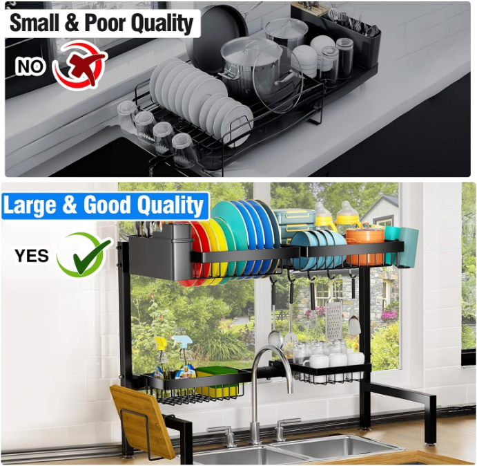 4 Baskets Over The Sink Dish Drying Rack, Extendable Large Capacity Sink Rack, Metal Drying Rack Saving Space,for Most Sinks (24.8 "-35.4")