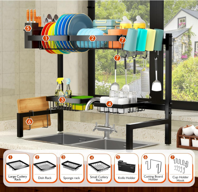 4 Baskets Over The Sink Dish Drying Rack, Extendable Large Capacity Sink Rack, Metal Drying Rack Saving Space,for Most Sinks (24.8 "-35.4")