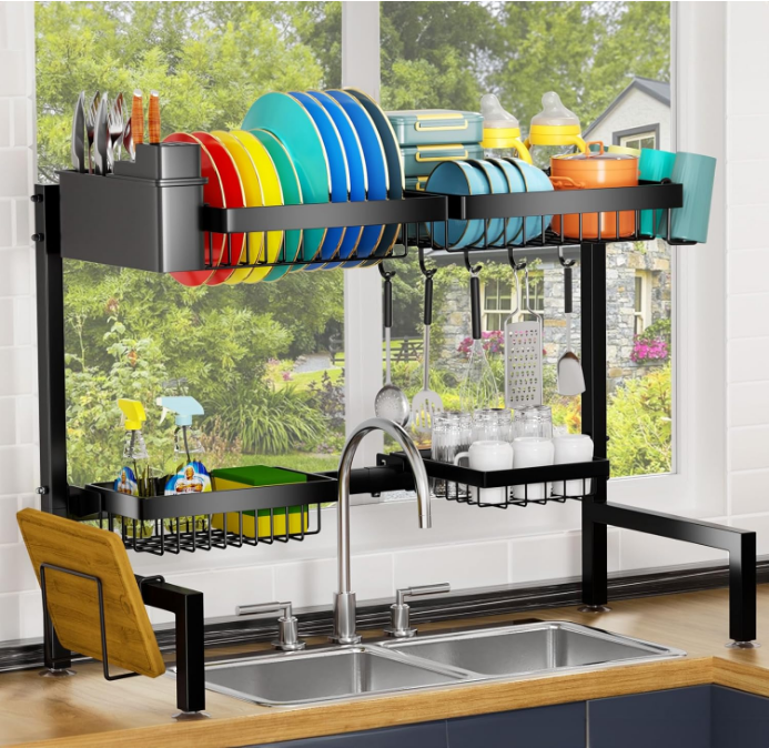 4 Baskets Over The Sink Dish Drying Rack, Extendable Large Capacity Sink Rack, Metal Drying Rack Saving Space,for Most Sinks (24.8 "-35.4")