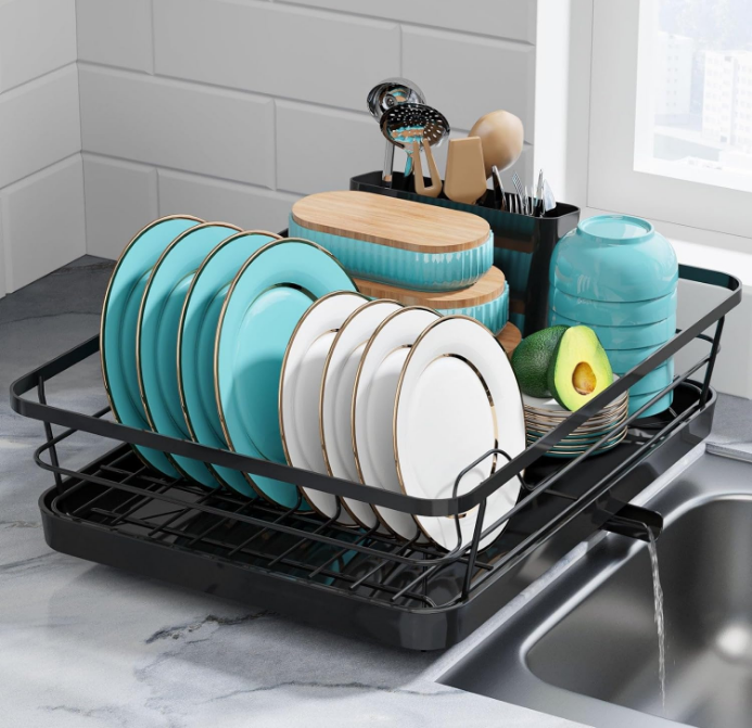 Drying Rack - Stainless Steel Dish Rack with Drainboard for Kitchen Counter and Sink, 12.0''W x 15.6''L, Black