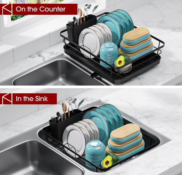 Drying Rack - Stainless Steel Dish Rack with Drainboard for Kitchen Counter and Sink, 12.0''W x 15.6''L, Black