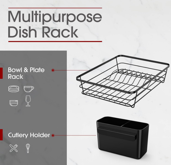 Drying Rack - Stainless Steel Dish Rack with Drainboard for Kitchen Counter and Sink, 12.0''W x 15.6''L, Black