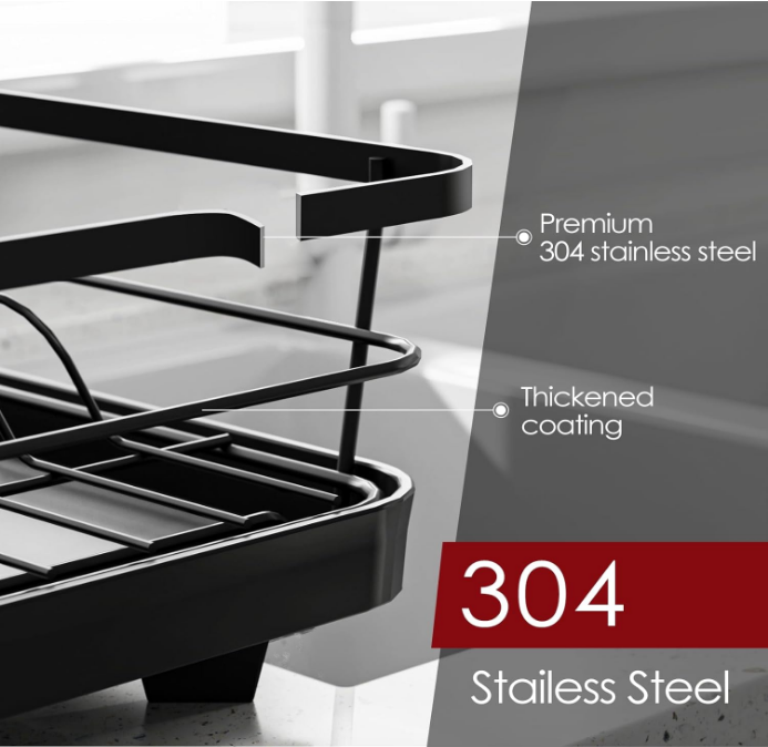 Drying Rack - Stainless Steel Dish Rack with Drainboard for Kitchen Counter and Sink, 12.0''W x 15.6''L, Black