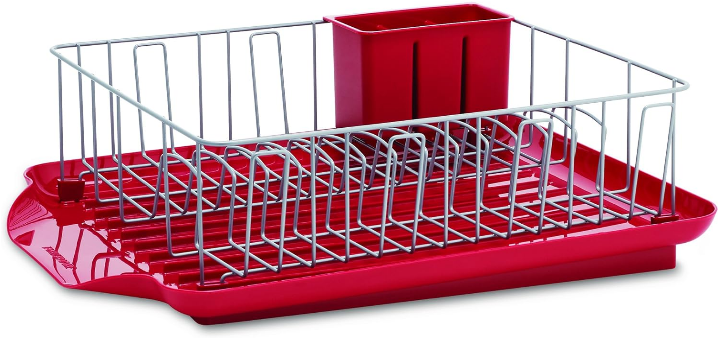  Classic Large Rust Resistant Full Dishrack with Removable 3 Compartment Flatware Caddy, Andlged Drain Board, 3-Piece, Red