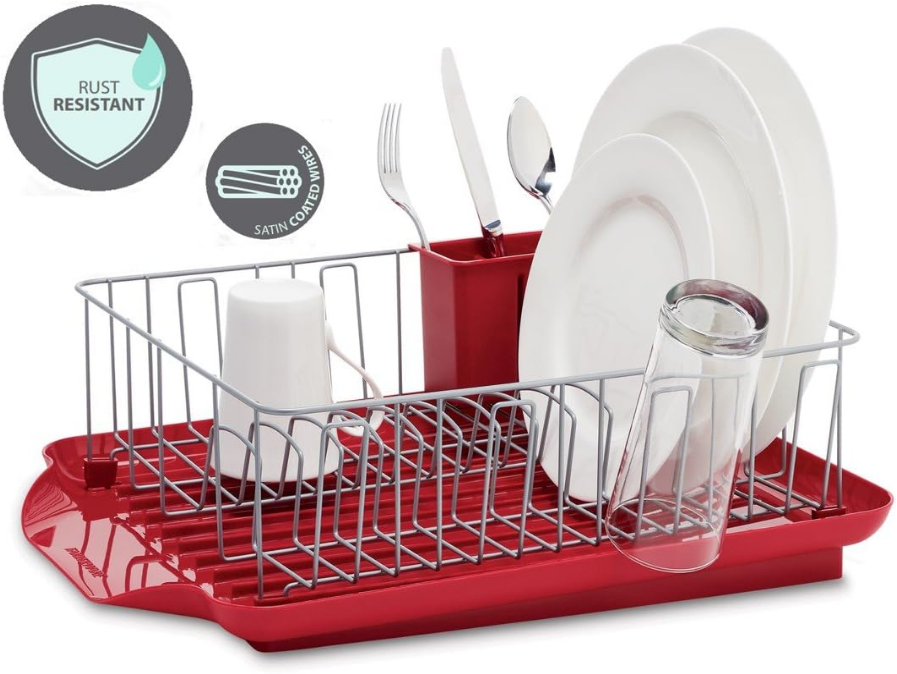  Classic Large Rust Resistant Full Dishrack with Removable 3 Compartment Flatware Caddy, Andlged Drain Board, 3-Piece, Red