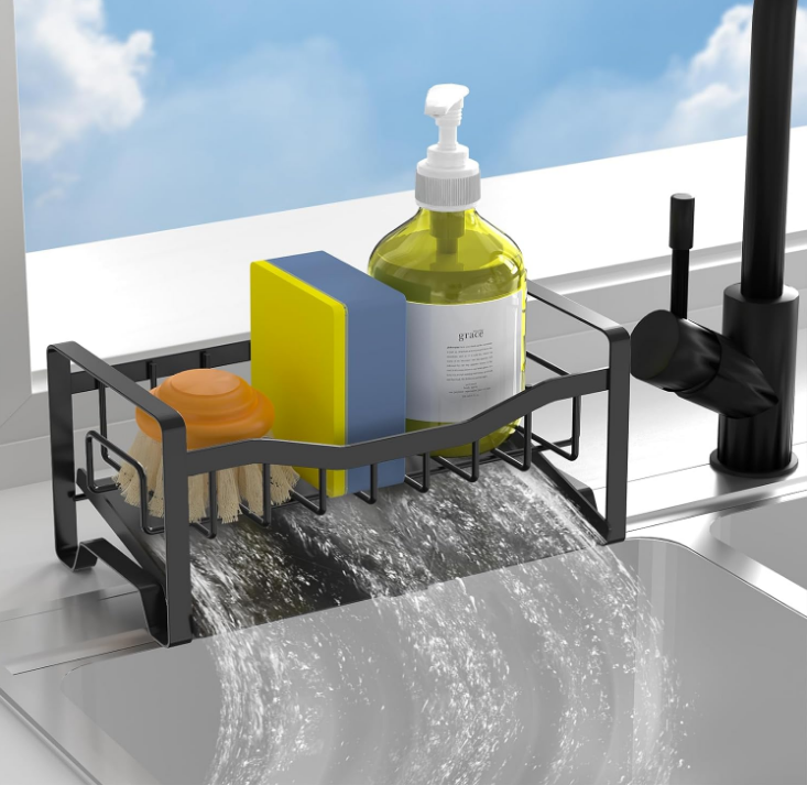 Sink Caddy Organizer Sponge Holder for Kitchen Sink with Stainless Steel Auto Drain Tray, Self Drain Dish Soap Sponge Caddy Rack for Kitchen Countertop Storage Gadgets Accesorios
