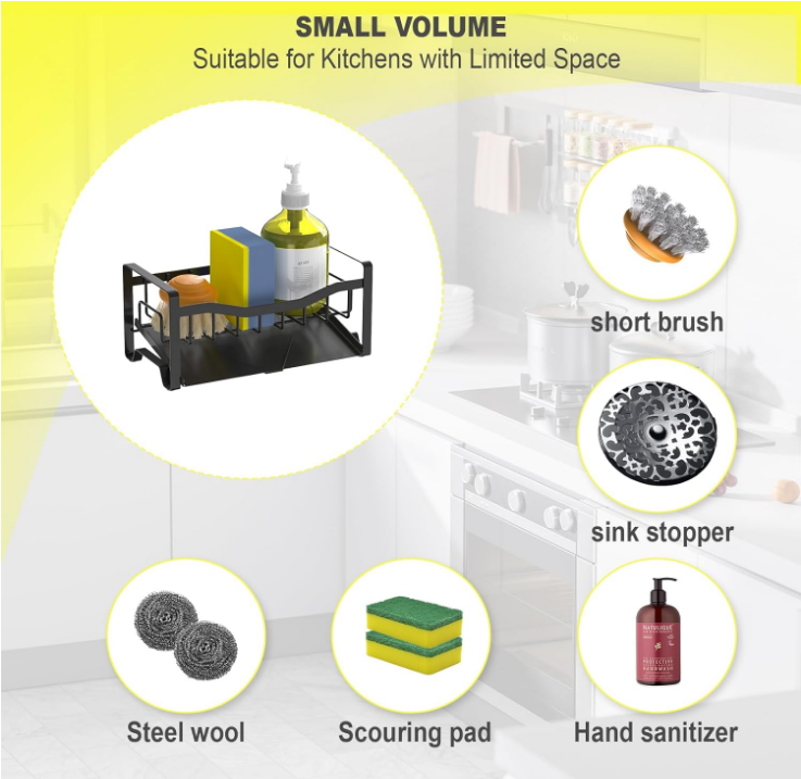 Sink Caddy Organizer Sponge Holder for Kitchen Sink with Stainless Steel Auto Drain Tray, Self Drain Dish Soap Sponge Caddy Rack for Kitchen Countertop Storage Gadgets Accesorios