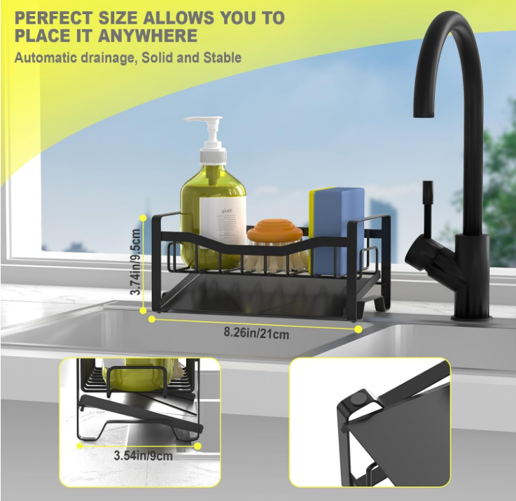 Sink Caddy Organizer Sponge Holder for Kitchen Sink with Stainless Steel Auto Drain Tray, Self Drain Dish Soap Sponge Caddy Rack for Kitchen Countertop Storage Gadgets Accesorios