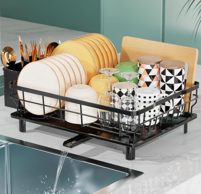 Rack with Drainboard, Stainless Steel Dish Rack for Kitchen Counter,Detachable Dish Drainer Organizer Shelf with Utensil Holder Set (Black)