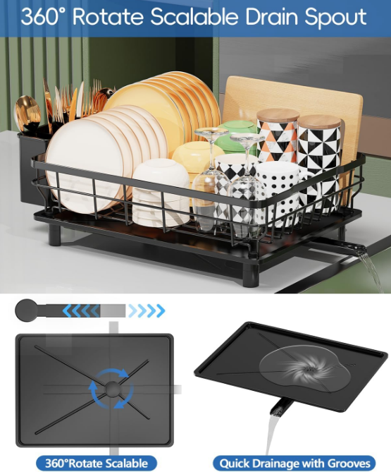 Rack with Drainboard, Stainless Steel Dish Rack for Kitchen Counter,Detachable Dish Drainer Organizer Shelf with Utensil Holder Set (Black)