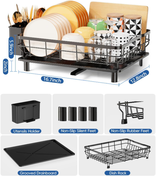 Rack with Drainboard, Stainless Steel Dish Rack for Kitchen Counter,Detachable Dish Drainer Organizer Shelf with Utensil Holder Set (Black)