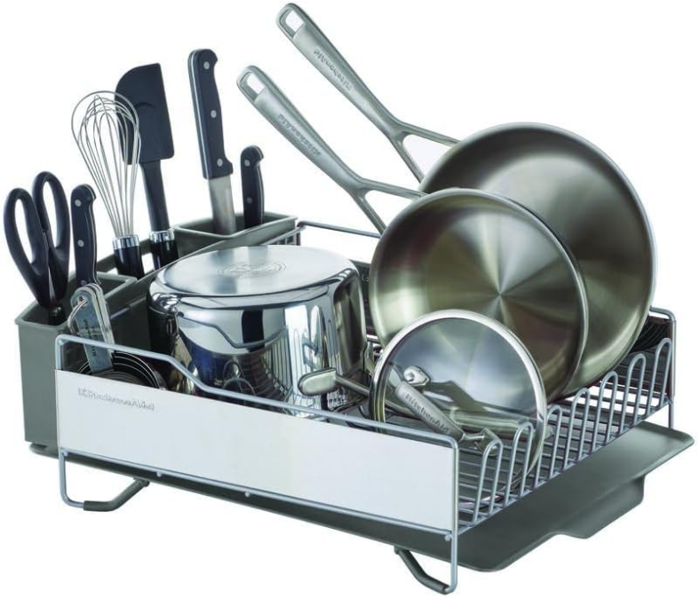 Large Capacity,Full Size, Rust Resistan Dish Rack with Self Draining Angled Drain Board and Removable Flatware Caddy, Light Grey, Gray