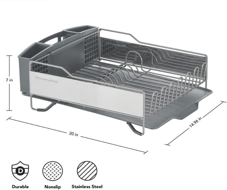 Large Capacity,Full Size, Rust Resistan Dish Rack with Self Draining Angled Drain Board and Removable Flatware Caddy, Light Grey, Gray