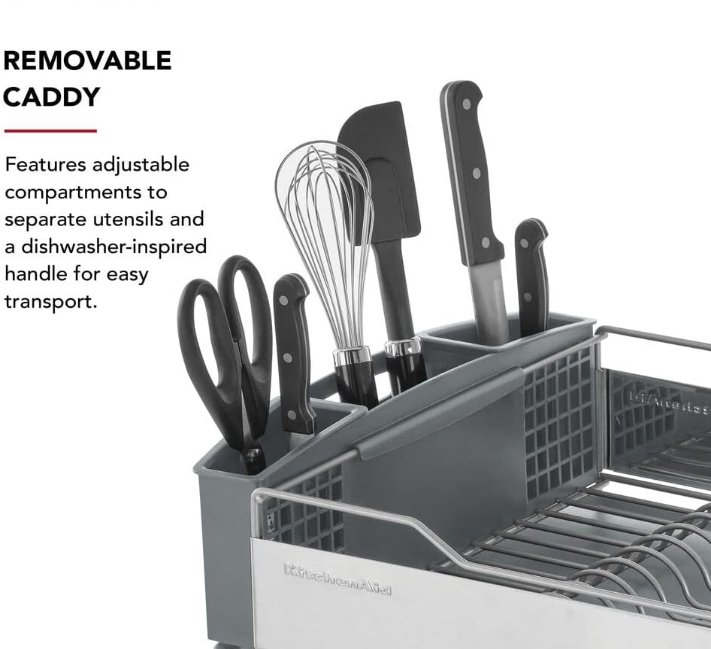 Large Capacity,Full Size, Rust Resistan Dish Rack with Self Draining Angled Drain Board and Removable Flatware Caddy, Light Grey, Gray