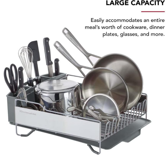 Large Capacity,Full Size, Rust Resistan Dish Rack with Self Draining Angled Drain Board and Removable Flatware Caddy, Light Grey, Gray
