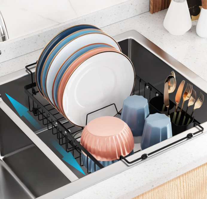 Sink Dish Drying Rack - 3 Sizes Capacity Expandable Over Sink Dish Rack, in Sink Dish Drainer for Kitchen Counter with Utensil Holder Large Capacity, Fit 14"-17.5" Sink, Black