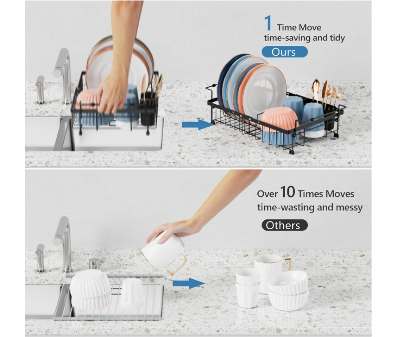 Sink Dish Drying Rack - 3 Sizes Capacity Expandable Over Sink Dish Rack, in Sink Dish Drainer for Kitchen Counter with Utensil Holder Large Capacity, Fit 14"-17.5" Sink, Black