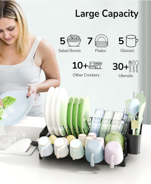 Dish Drying Rack with Drainboard, Countertop Dish Rack, Rustproof Dish Drainer for Kitchen Counter, Draining Rack with Detachable Utensil Holder, Adjustable Swivel Spout Dish Strainers, Black