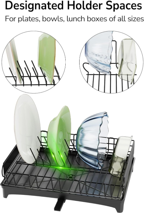 Dish Drying Rack with Drainboard, Countertop Dish Rack, Rustproof Dish Drainer for Kitchen Counter, Draining Rack with Detachable Utensil Holder, Adjustable Swivel Spout Dish Strainers, Black