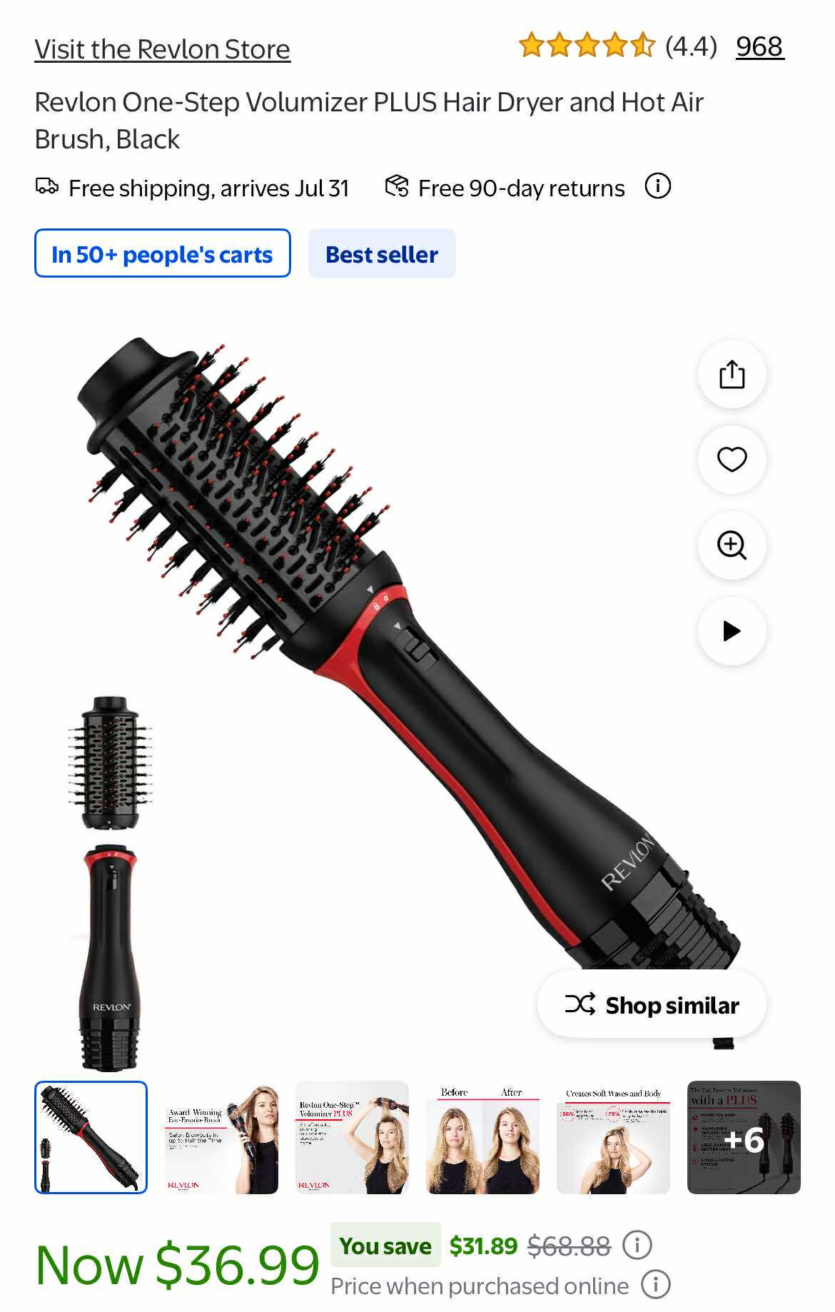 Revlon One-Step Volumizer PLUS 2.0 Hair Dryer and Hot Air Brush | 2.4" Detachable Head, 4 Heat Settings - Black