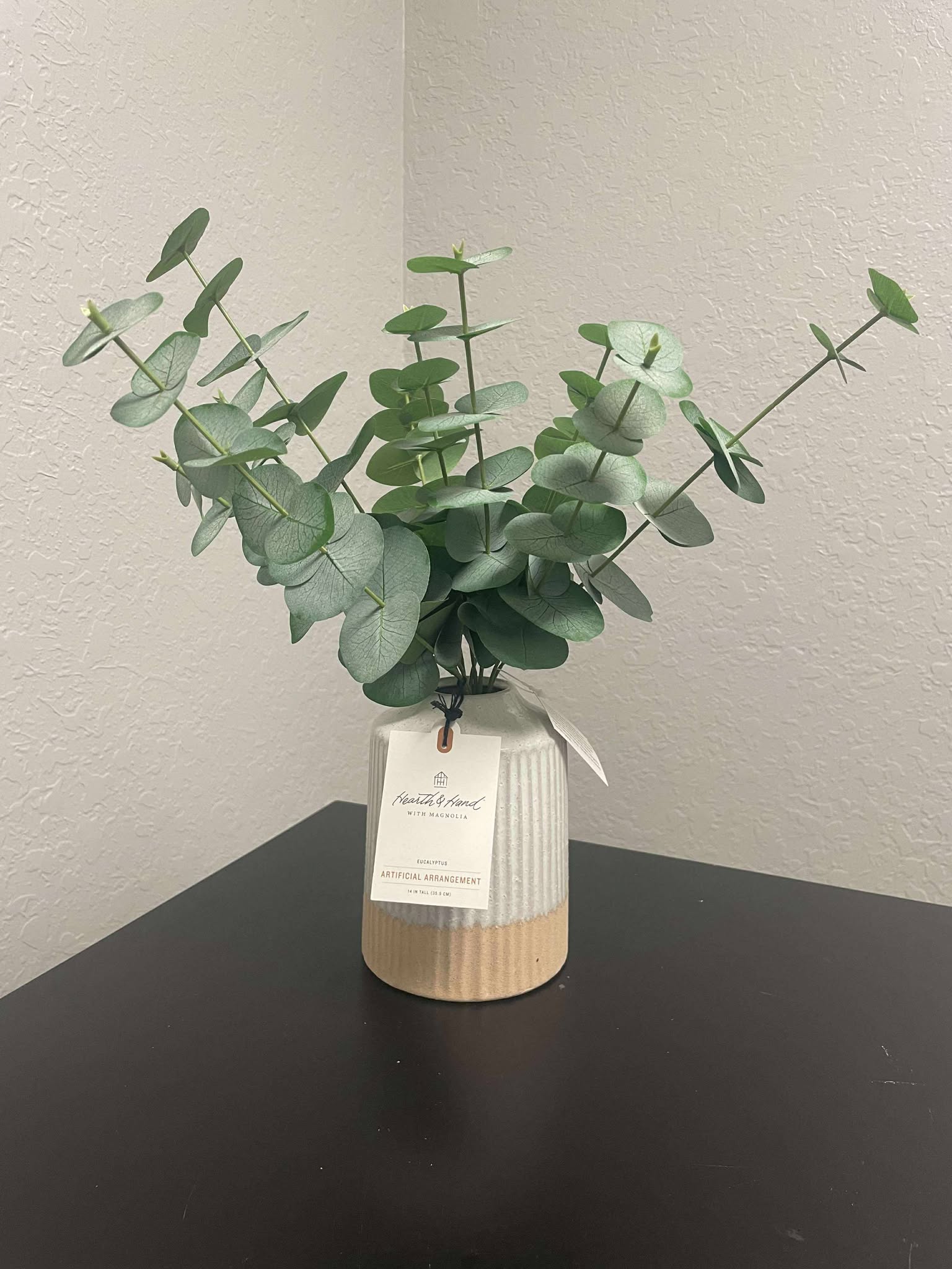 Hearth & Hand with Magnolia Faux Eucalyptus Arrangement in Two-Tone Ribbed Ceramic Pot | 14" Tabletop Plant