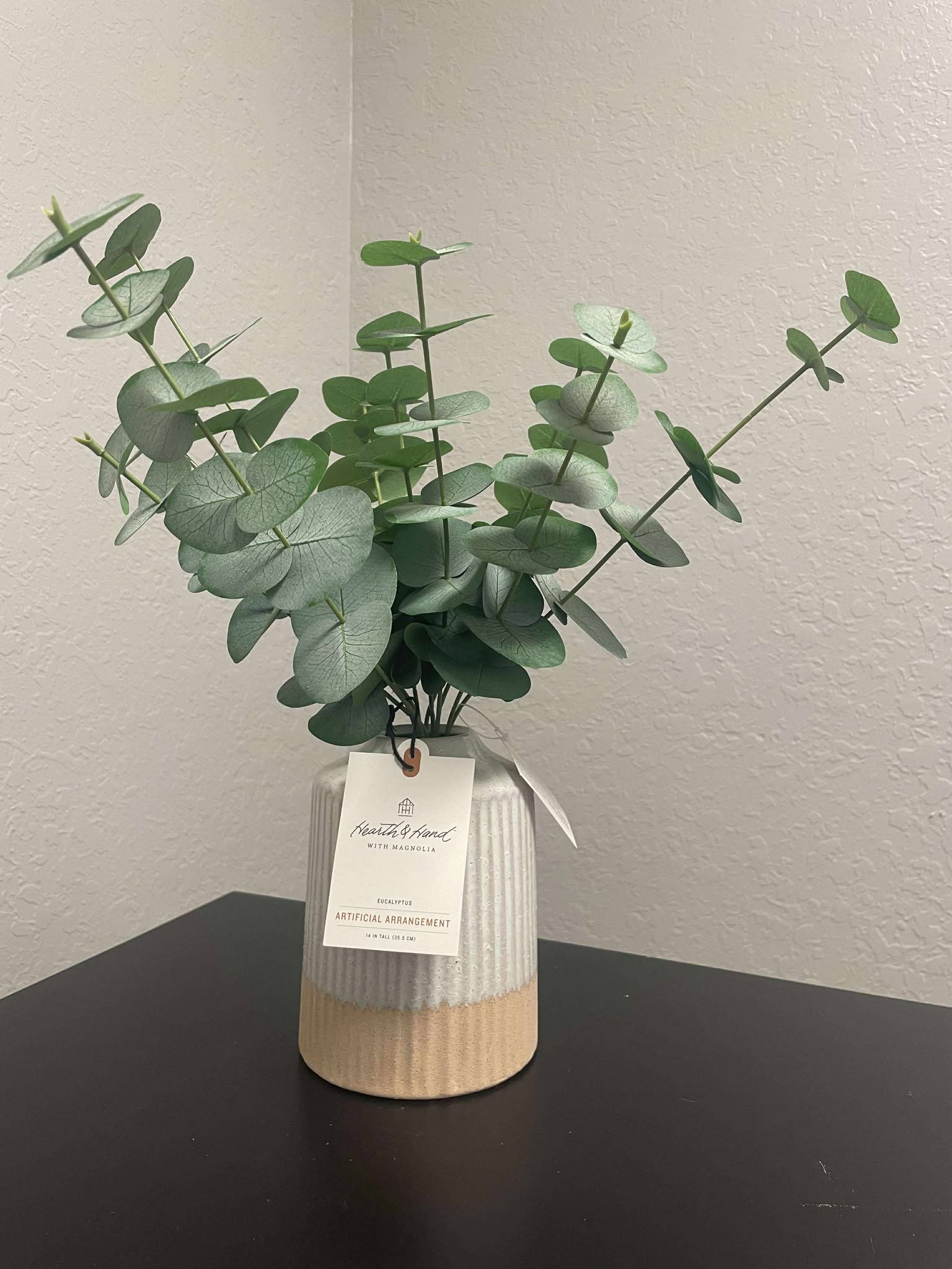 Hearth & Hand with Magnolia Faux Eucalyptus Arrangement in Two-Tone Ribbed Ceramic Pot | 14" Tabletop Plant