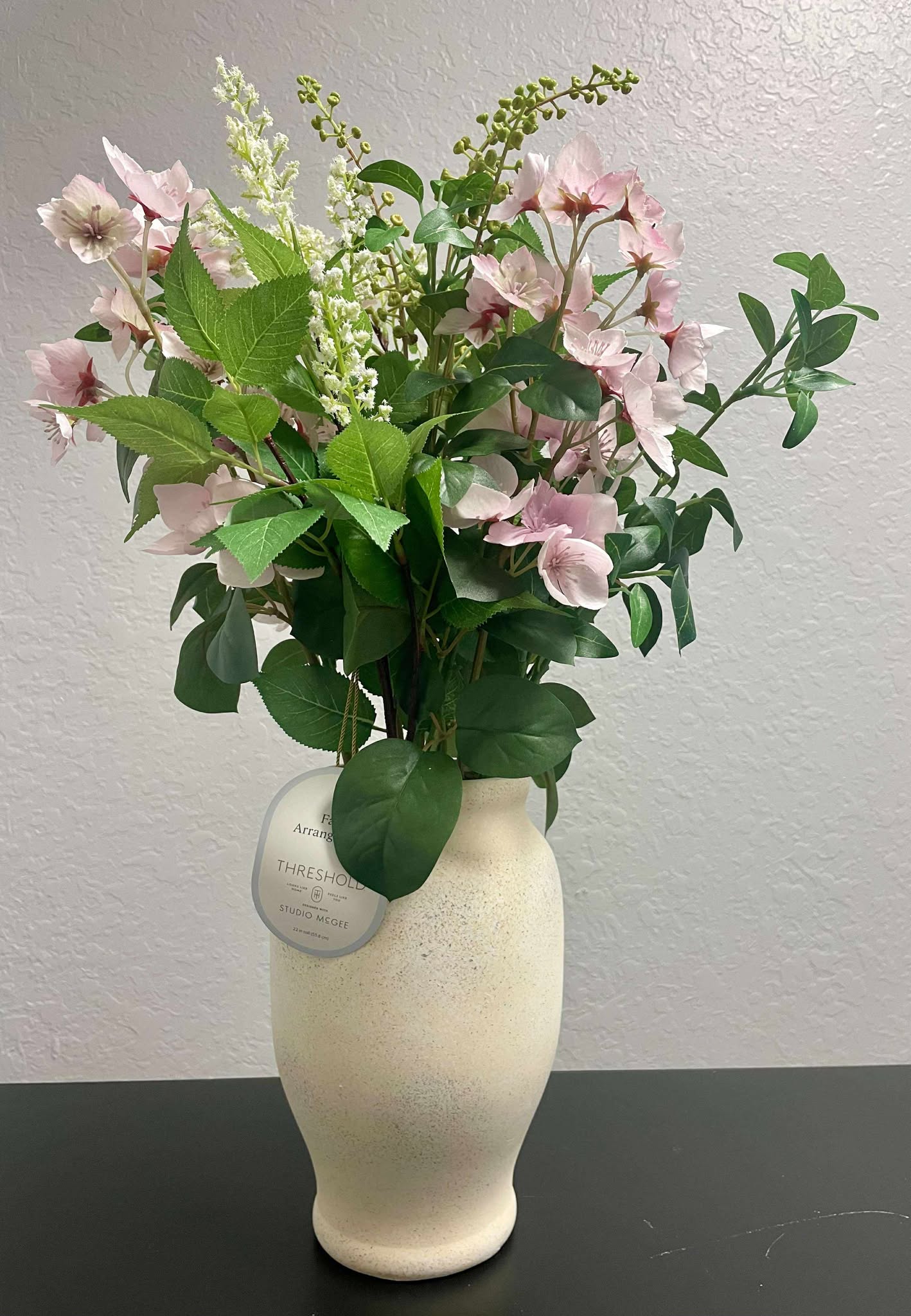 22" Faux Pink Dogwood Floral Arrangement in Speckled Ceramic Vase
