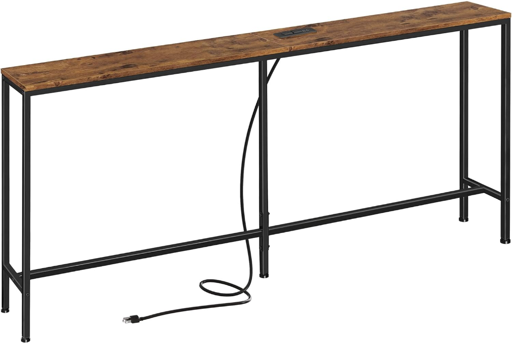 70 Inch Console Table with Outlet, Sofa Table with Charging Station, Narrow Entryway Table, Skinny Hallway Table, Behind Couch Table, for Living Room, Rustic Brown