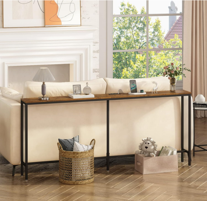 70 Inch Console Table with Outlet, Sofa Table with Charging Station, Narrow Entryway Table, Skinny Hallway Table, Behind Couch Table, for Living Room, Rustic Brown
